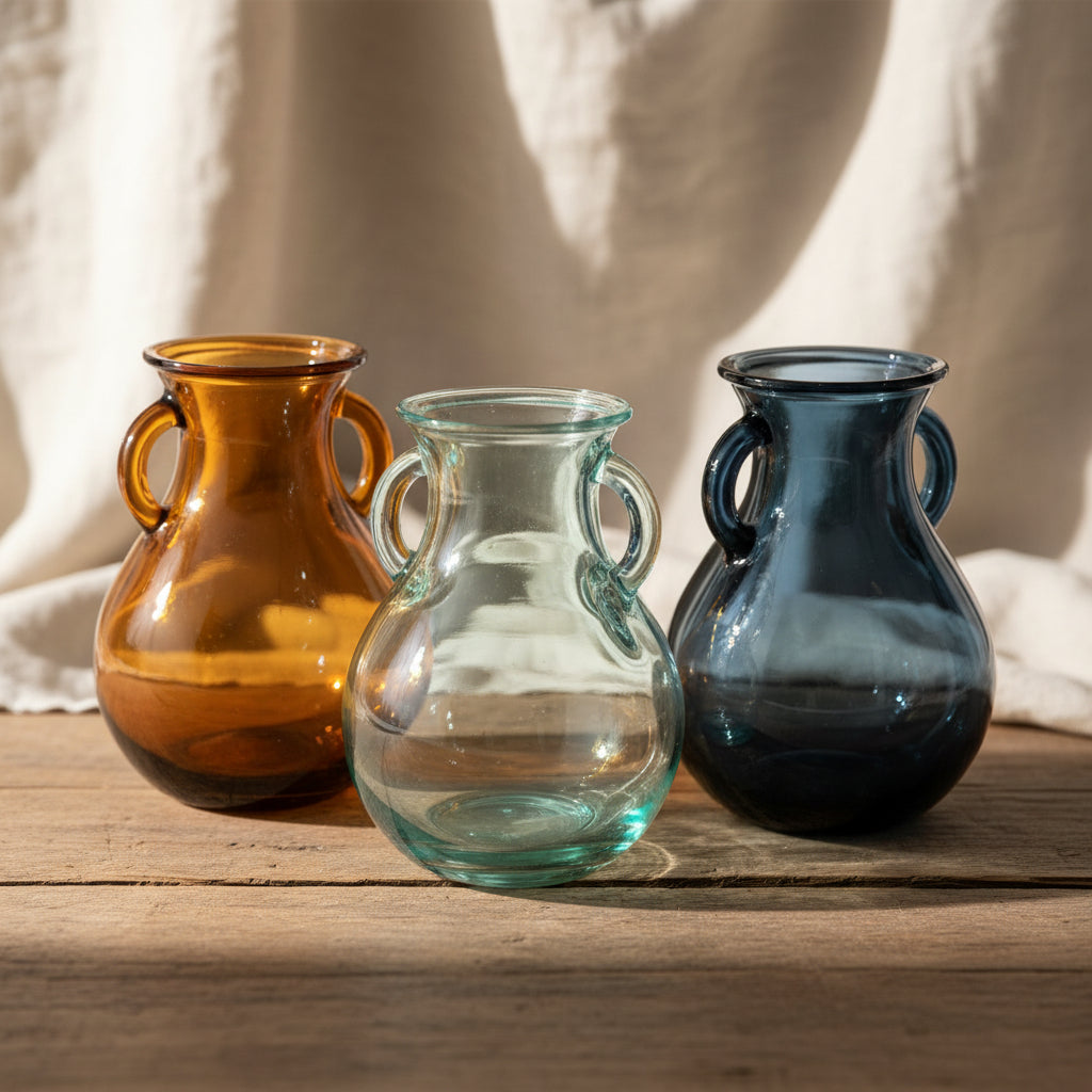 Three small glass vase-like containers with loop handles, shown side by side on a white background. The left one is amber orange, the center one is translucent pale aqua, and the right one is dark navy blue.