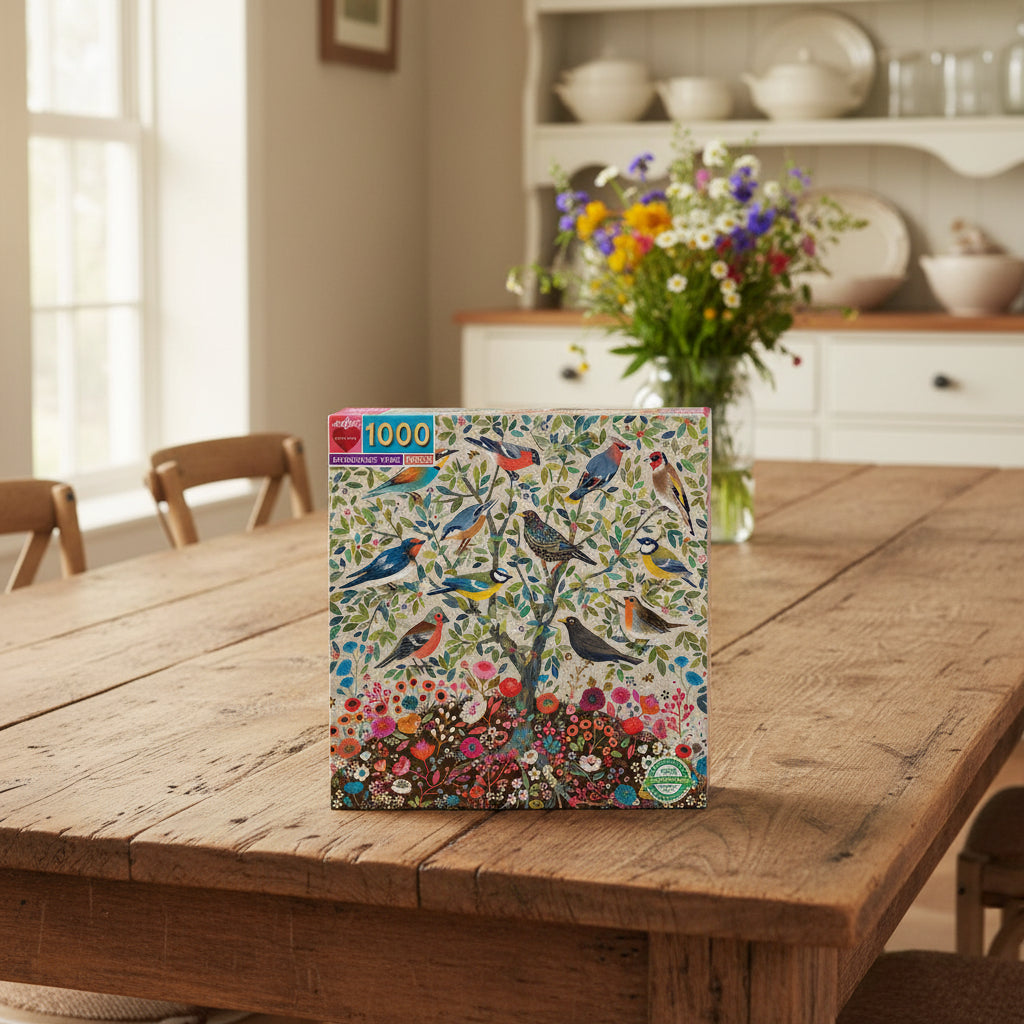 Jigsaw Puzzle with colorful bird and floral design. eeboo piece and love
