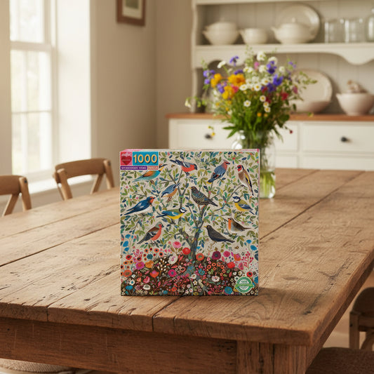 Jigsaw Puzzle with colorful bird and floral design. eeboo piece and love