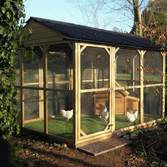 Wooden chicken coop, enclosure, run, pet pen with mesh sides in a garden setting. 16 gauge galvanised wire mesh. For ducks, geese, rabbits, tortoise's. 