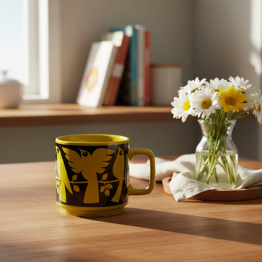 Yellow Magpie Bird mug with bird design on a white background
