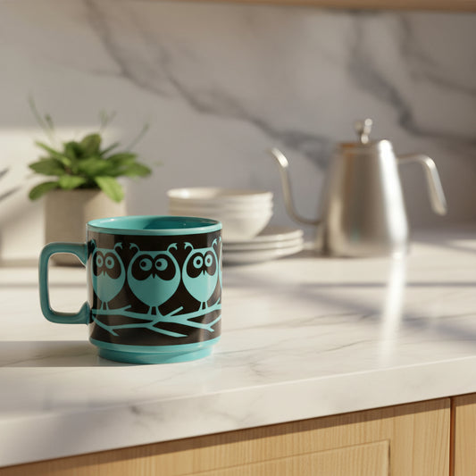 Teal mug with owl design on a white background
