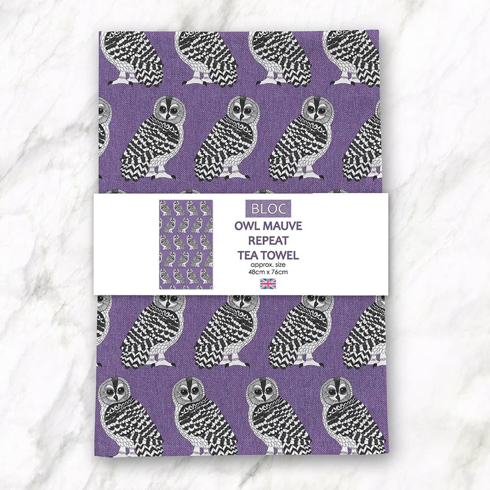 Owl Repeat Pattern Mauve Tea Towel