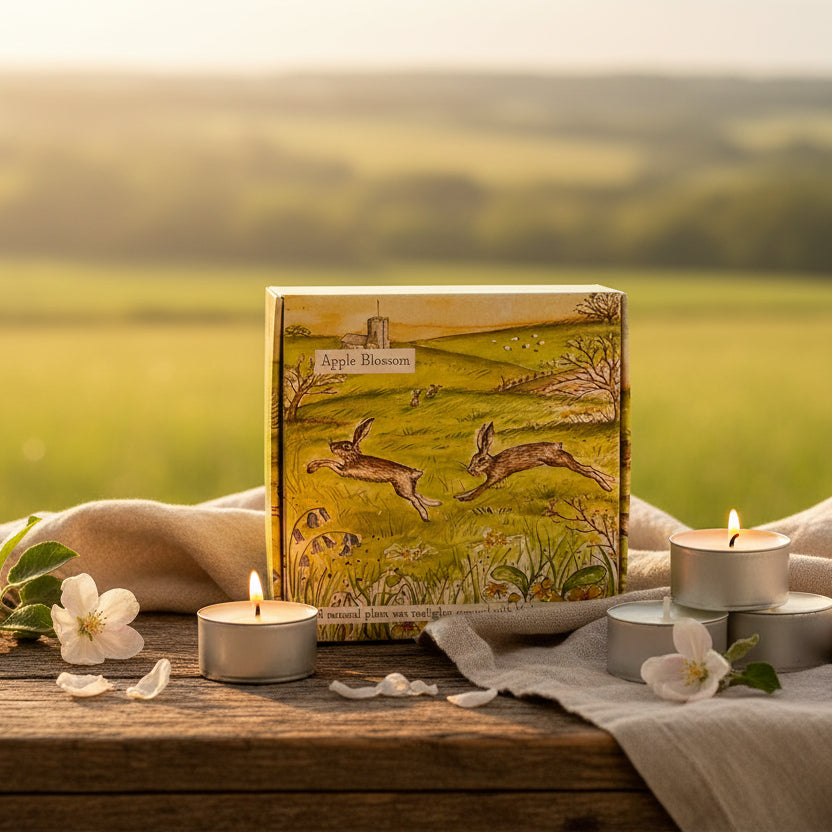 Set of candles with a decorative box featuring illustrations of hares and nature on a white background
