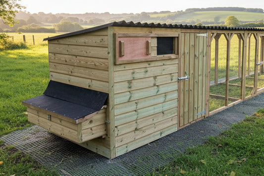 Wooden chicken shed with a black  onduline roof. Poultry shed for 22 birds with occasional run 