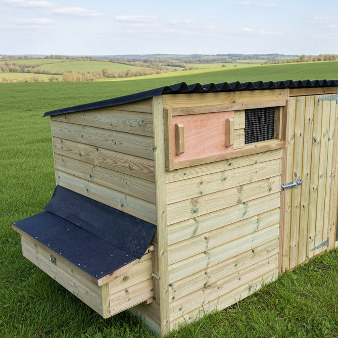 Wooden chicken coop with a black onduline roof in a garden setting. Poultry shed with 4 nestboxes