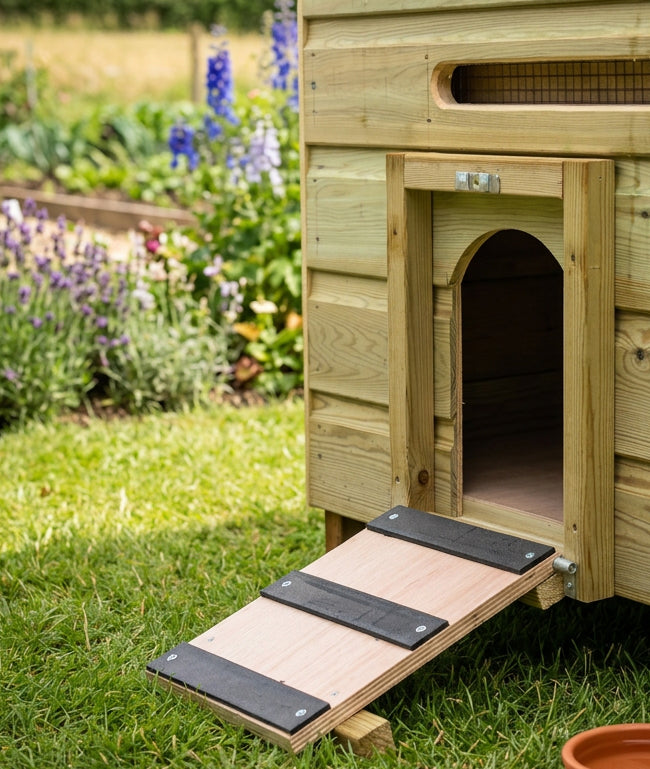 A wooden hen house with ramp access and a fold-down wooden ramp with black stokbord steps