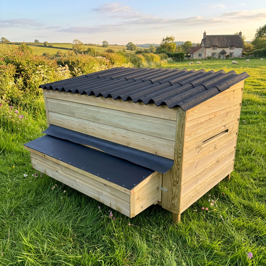 A wooden outdoor hen house coop with a corrugated onduline waterproof covered black roof. Premium build. High quality wood. Secure chicken house. Fox proof 