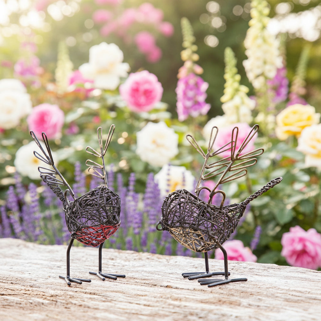 Set of Two Winged Wire Robin | Decorative Ornament | Made recycled metal wire