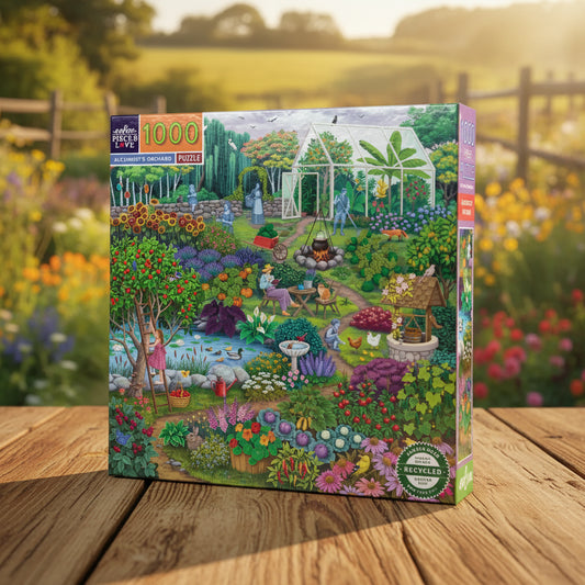 Jigsaw puzzle box with a garden scene design, alchemist in the orchard
