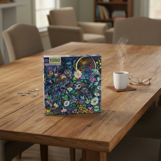 A 1000-piece jigsaw puzzle box titled 'Moon Garden' by Eeboo piece & Love, featuring a colorful illustration of owls, flowers, and butterflies under a full moon. The box is shown at an angle with the front cover and spine visible against a white background.