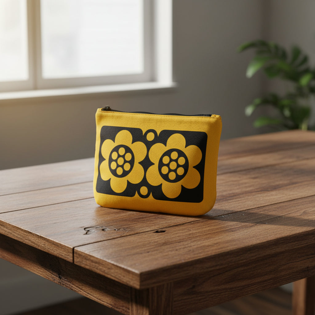Yellow pouch with black floral designs 